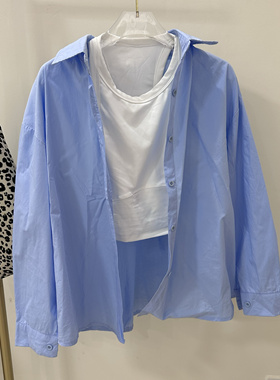 设计感小众蓝色衬衫外套女宽松韩版休闲百搭叠穿防晒长袖衬衣现货