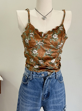 特价清仓复古辣妹花朵碎花丝绒吊带背心女修身显瘦百搭带胸垫上衣