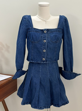 特价！牛仔套装复古方领长袖上衣高腰百褶裙绑带甜美气质套装现货