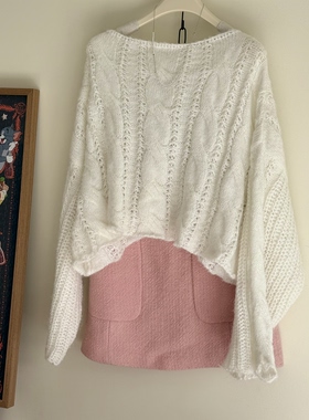 韩系慵懒温柔宽松显瘦一字领套头白色毛衣女软糯麻花短款针织衫