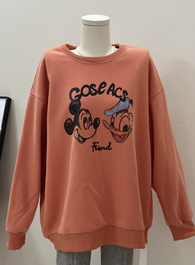 特价清仓~橘色卡通图案英文字母圆领宽松休闲抓绒卫衣女