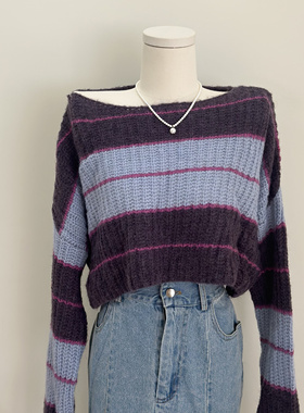 特价处理！微瑕疵不退换撞色条纹一字领宽松长袖毛衣女