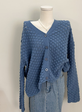 特价孤品~韩国蓝色V领宽松长袖开衫毛衣女实拍现货