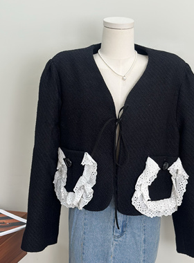 特价清仓~小香风外套女设计感蕾丝拼接短款法式V领宽松显瘦上衣