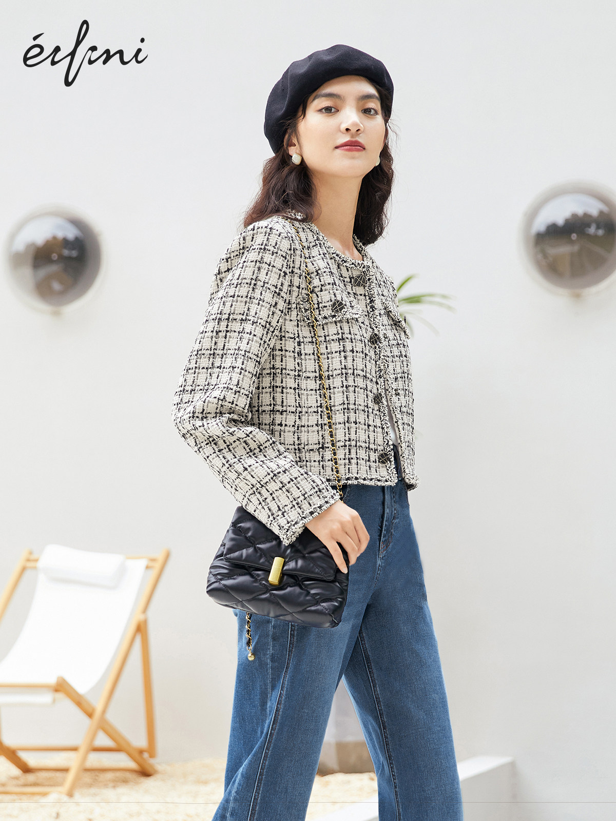 Eveli temperament retro small fragrance tweed coat 2022 spring new long-sleeved top short coat female