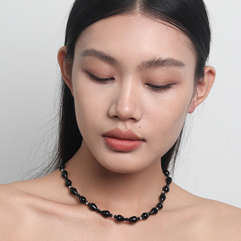 中古美学设计天然黑玛瑙纯银项链