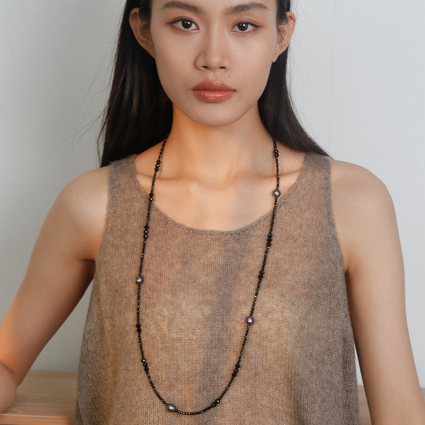 Moment 天然黑尖晶大溪地珍珠长款毛衣链项链配饰秋冬轻奢高级感