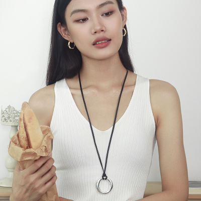 金属圆环毛衣链真皮绳长款项链