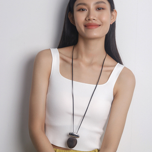 Moment 天然黑檀木 吊坠皮绳挂绳长款项链毛衣链配饰2025秋冬新款