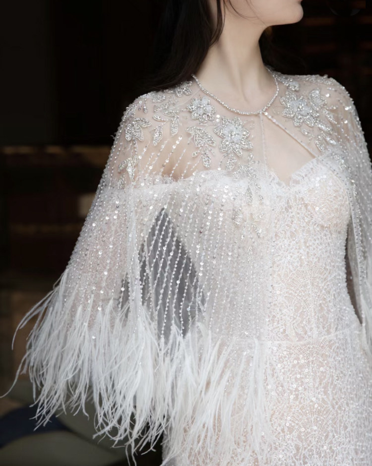 2024春夏轻奢鸵鸟毛披肩重工钉珠刺绣流苏礼服开衫披肩围巾上衣女