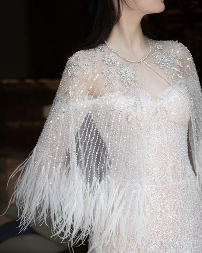 轻奢鸵鸟毛披肩重工刺绣流苏开衫