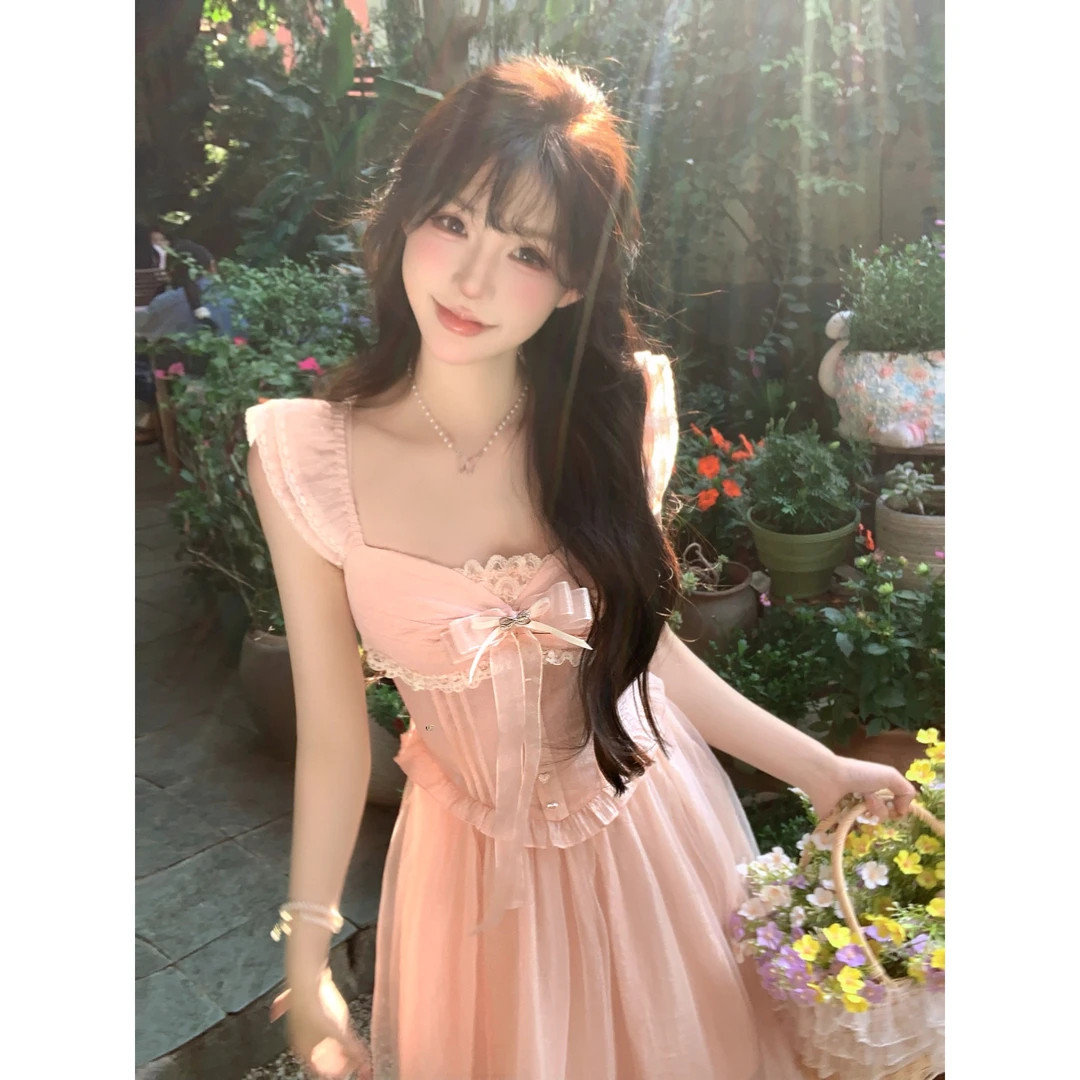 法式粉色方领蝴蝶结蕾丝拼接吊带连衣裙女春夏季仙女裙小个子甜美