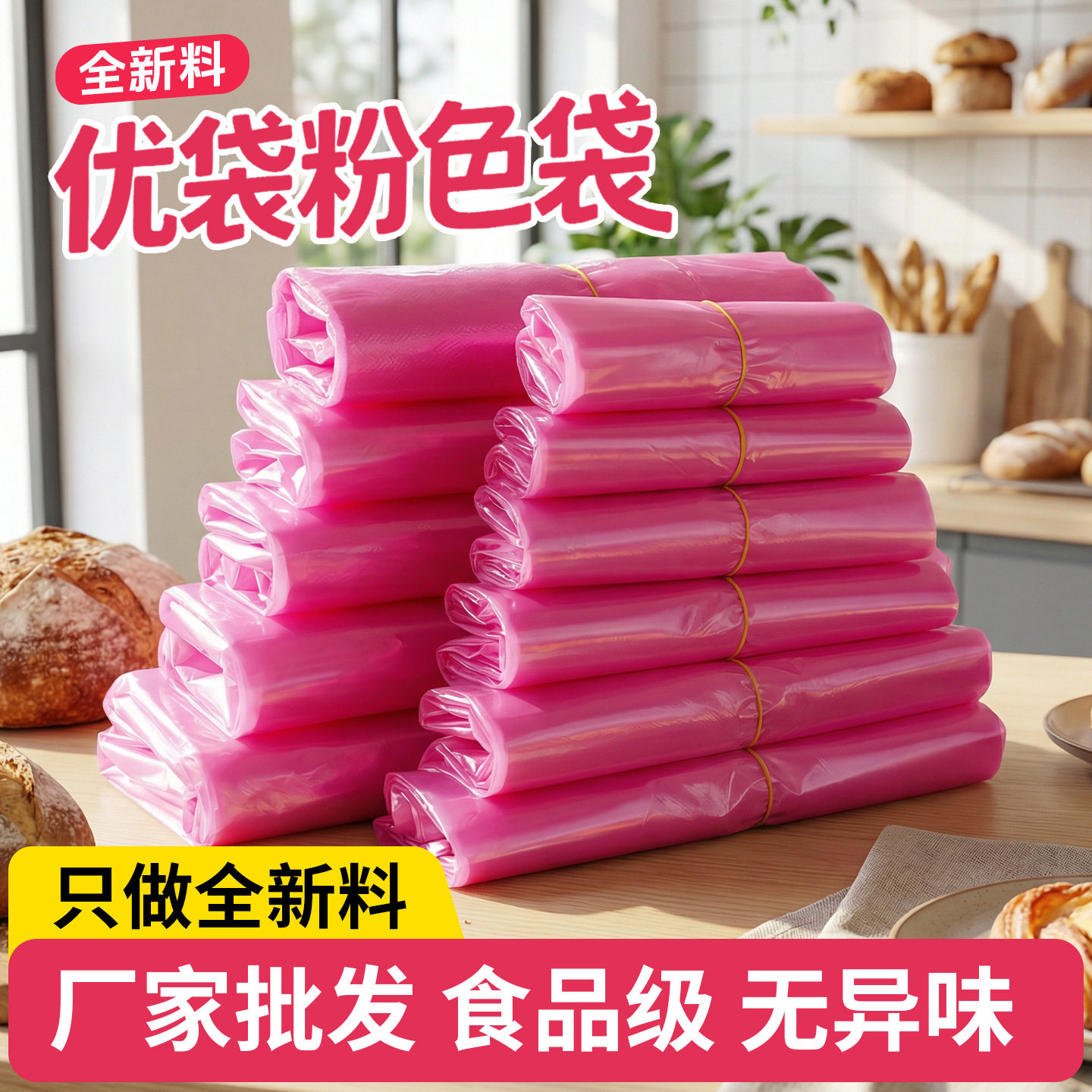 粉色塑料袋食品袋方便袋加厚超市购物外卖打包袋子透明商用手提袋