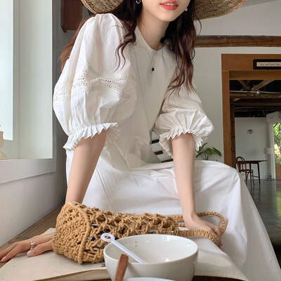 EZ白色泡泡袖连衣裙女夏