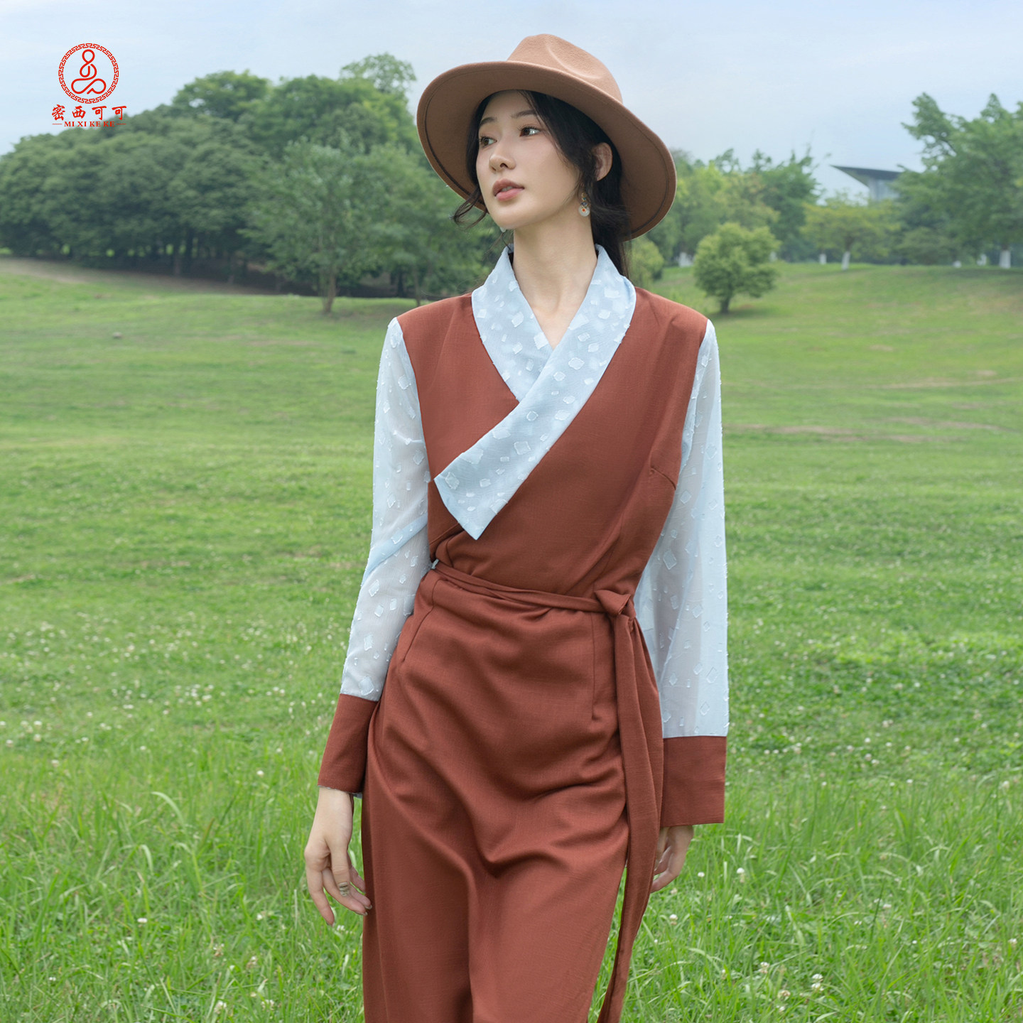 藏装女棉麻赤陶博拉裙锅庄舞