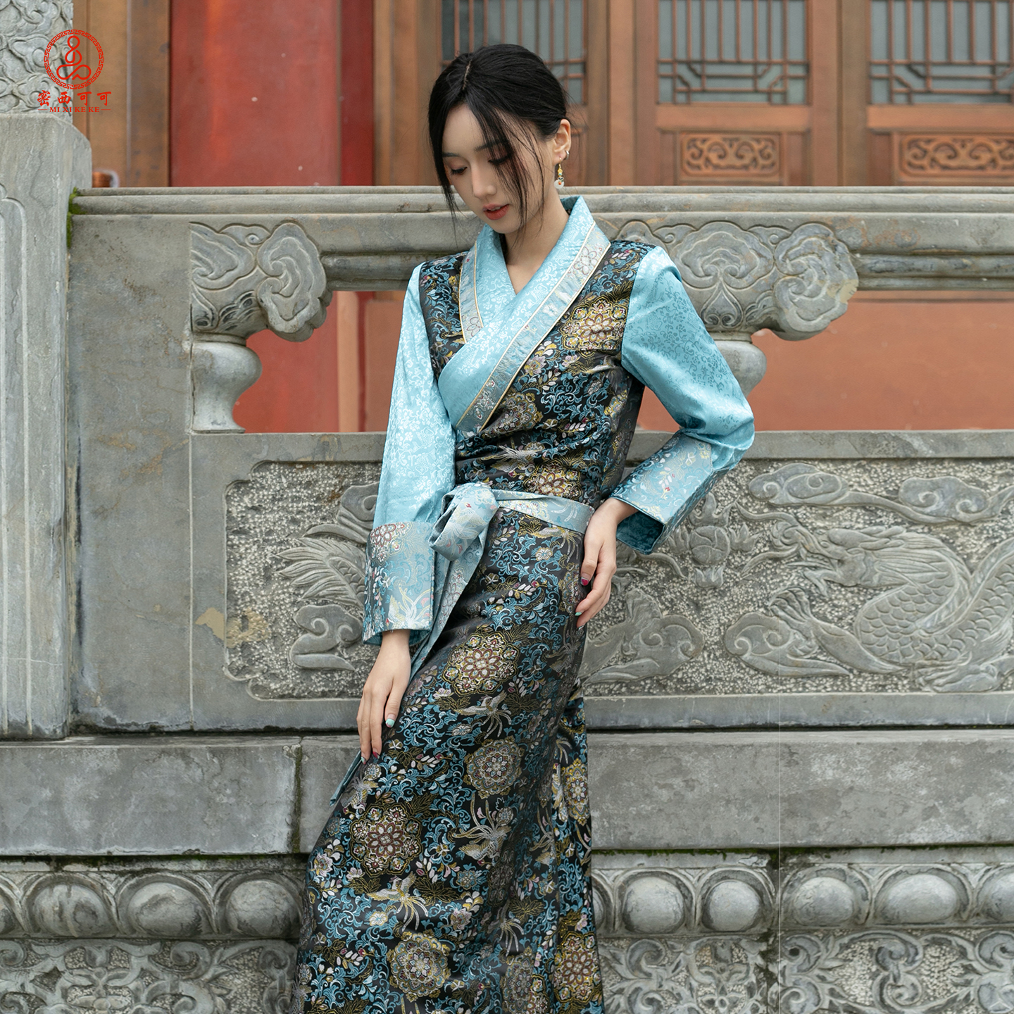 藏式服装女凤莲花博拉藏族服装锅庄裙民族风假两件藏裙拉萨服撞色