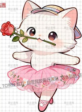 新款卡通跳舞小白猫贴墙自粘贴画
