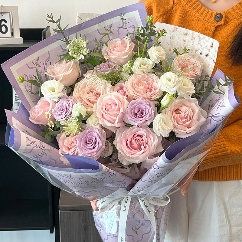 全国蝴蝶兰混搭紫玫瑰花束配送女友生日鲜花速递同城深圳广州店