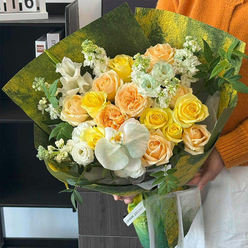 油画香槟向日葵花束黄色系鲜花重庆速递同城送朋友生日全国配送店