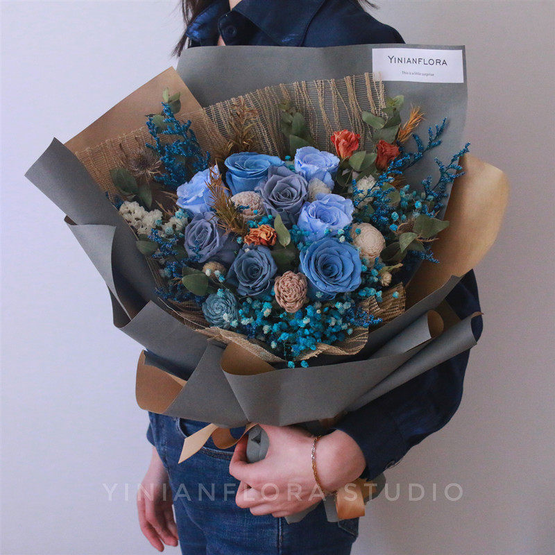 蓝玫瑰永生花花束真花送男友毕业拍照生日告白花束母亲教师节礼物