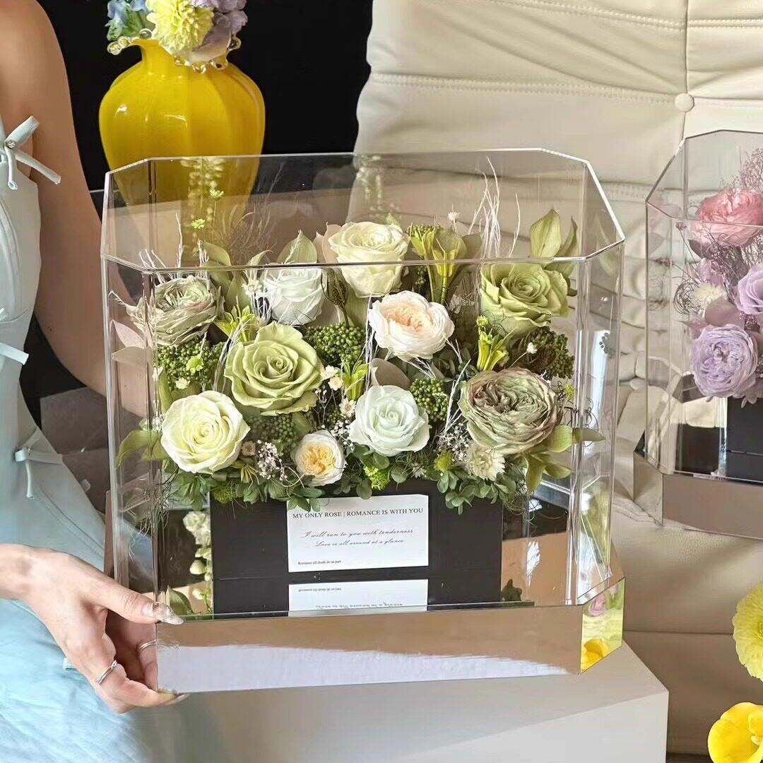 永生花玫瑰花园高档亚克力摆件保鲜干花束礼盒表白七夕情人节礼物
