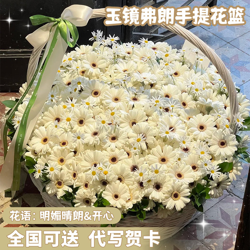 全国非洲菊华沙玉镜弗朗手提花篮鲜花同城速递配送女友生日花束店