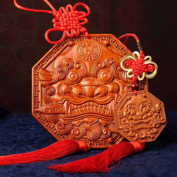 桃木兽头咬剑兽王瑞狮八卦镜卫生间风水污口sha厕所对门木雕