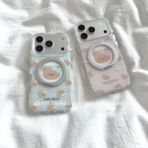 SHERRY*ins风可爱粉蓝色小熊旋转支架壳适用于苹果18ProMax手机壳iPhone17Pro小众少女心16简约15清新卡通萌