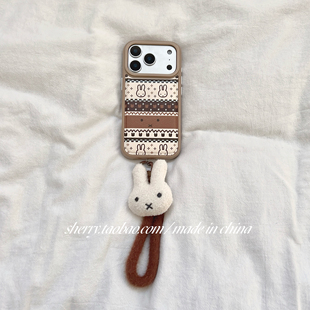 SHERRY ins风仿皮棕米白拼色兔子适用于苹果17ProMax手机壳iPhone16Pro小众少女心15简约14小清新卡通可爱冬