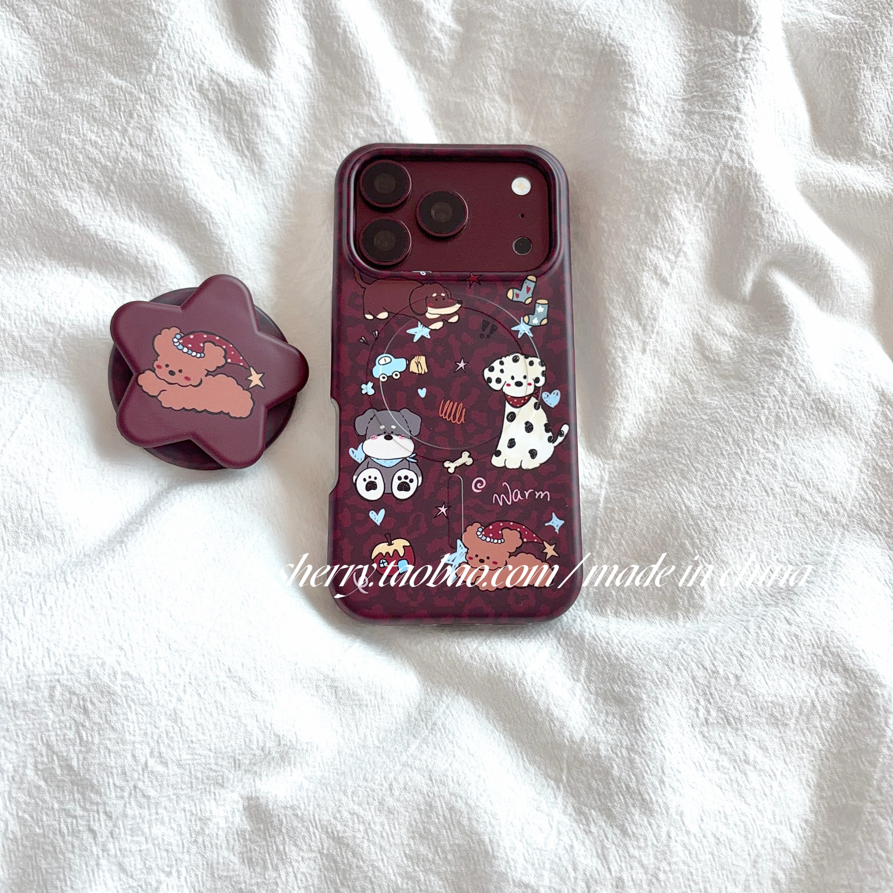 SHERRY*ins风秋冬酒红豹纹袜子小汽车狗狗磁吸适用于苹果18ProMax手机壳iPhone17Pro小众少女心16卡通可爱