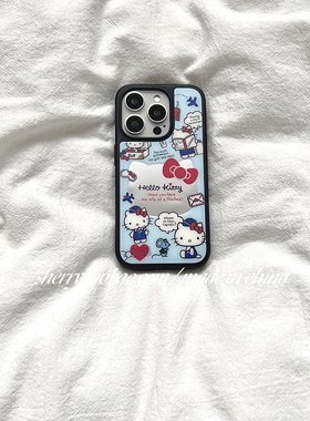 SHERRY*ins风蓝色肤感飞机可爱kt猫黑边壳适用于苹果16ProMax手机壳iPhone15Pro小众少女心14简约13卡通清新