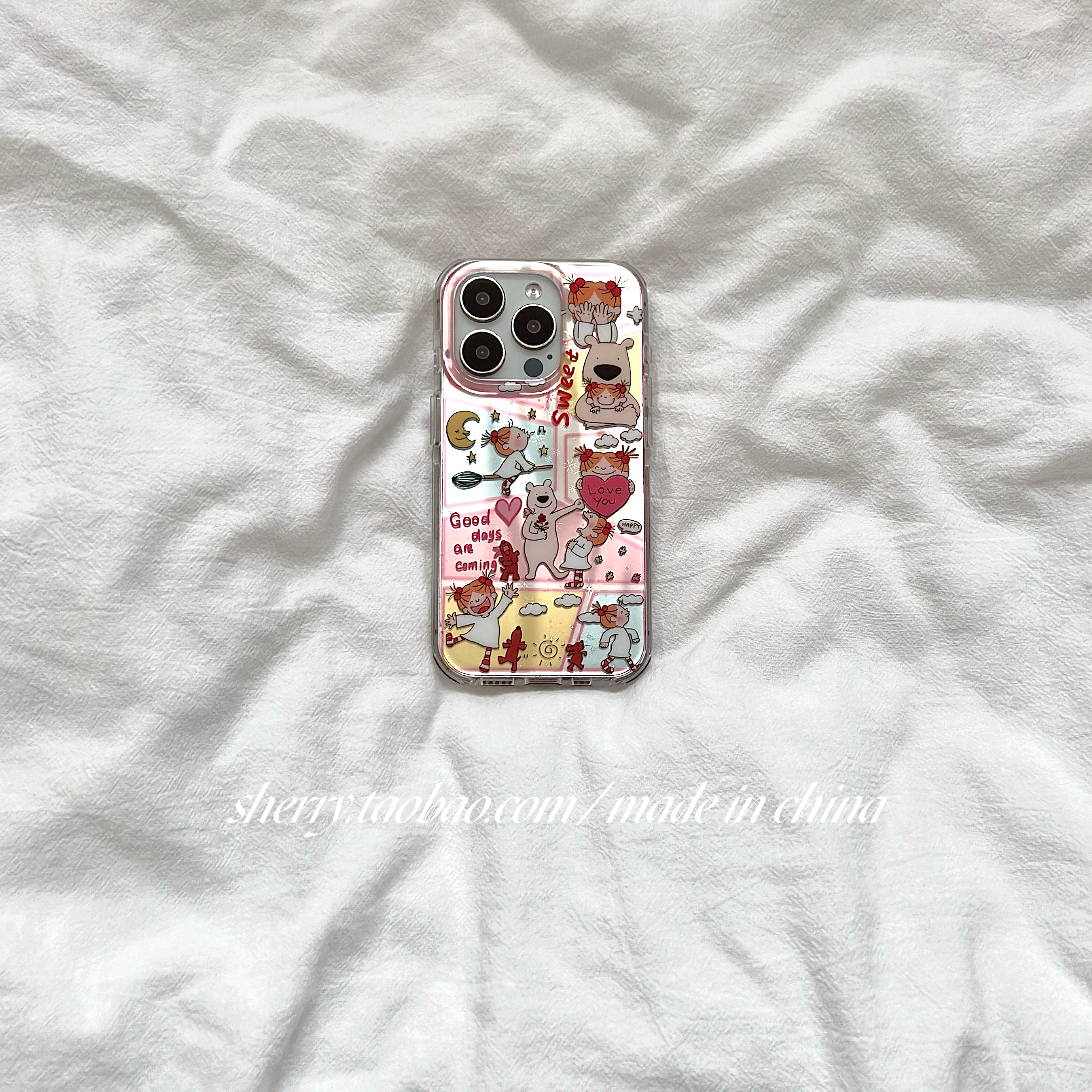 可爱漫画格子快乐女孩手机壳