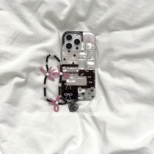 苹果16手机壳拼接格纹粉色花朵