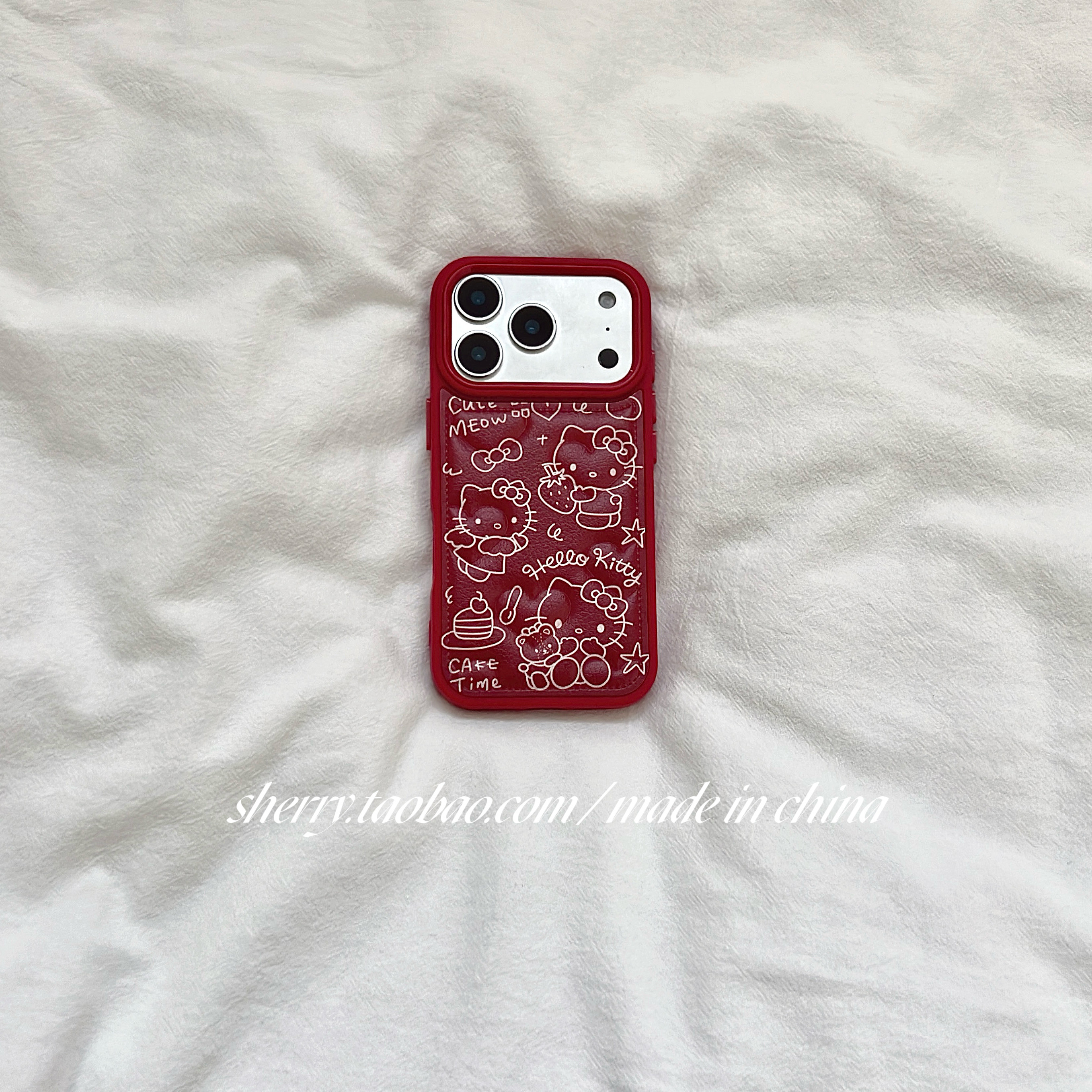 SHERRY*ins风酒红爱心压纹线条kt猫适用于苹果17ProMax手机壳iPhone16Pro小众少女心15简约14小清新卡通可爱