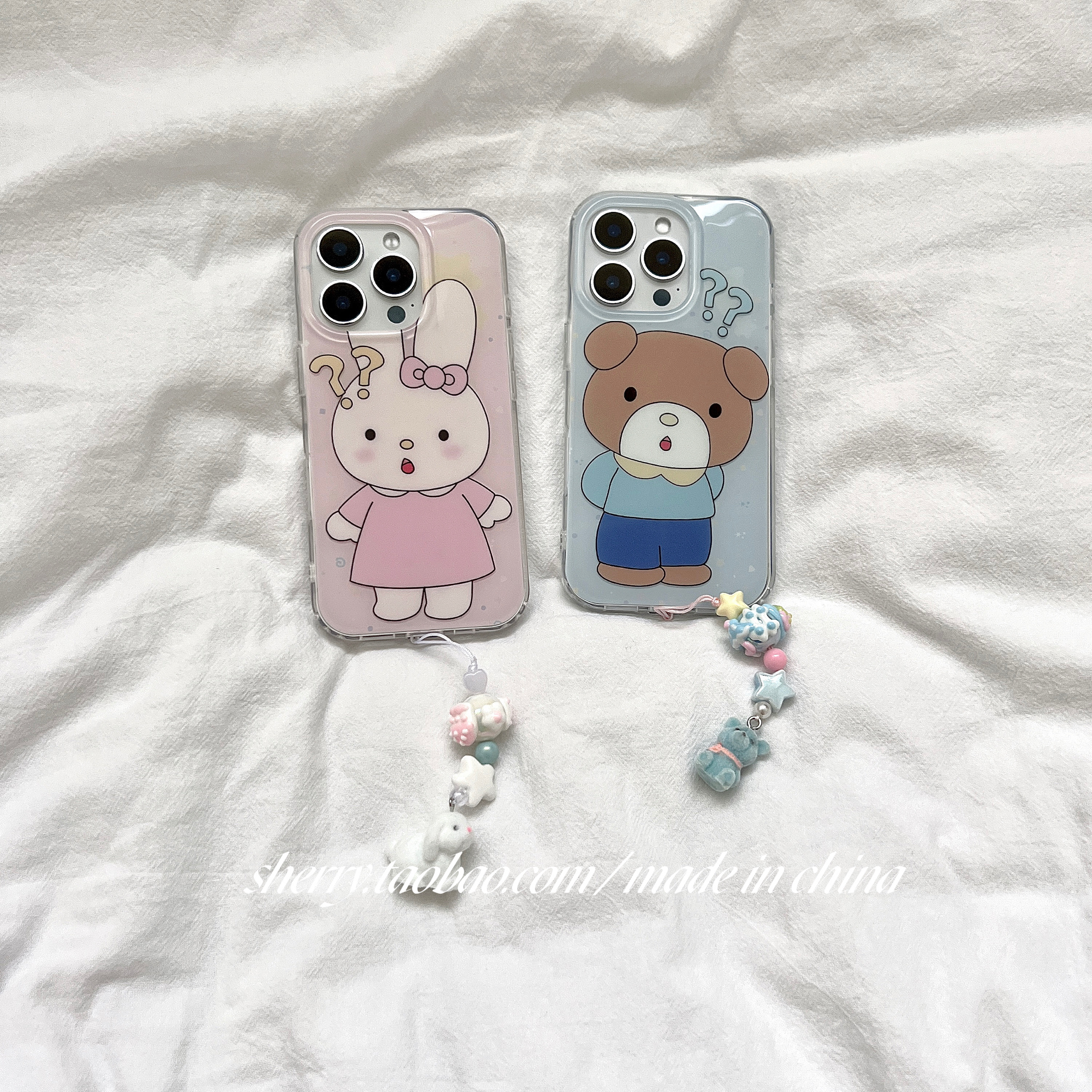 可爱卡通问号粉蓝兔子小熊手机壳