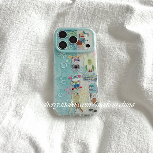 SHERRY*ins风蓝色拼接比奇堡路人鱼适用于苹果17ProMax手机壳iPhone16Pro小众少女心15简约小清新卡通可爱萌