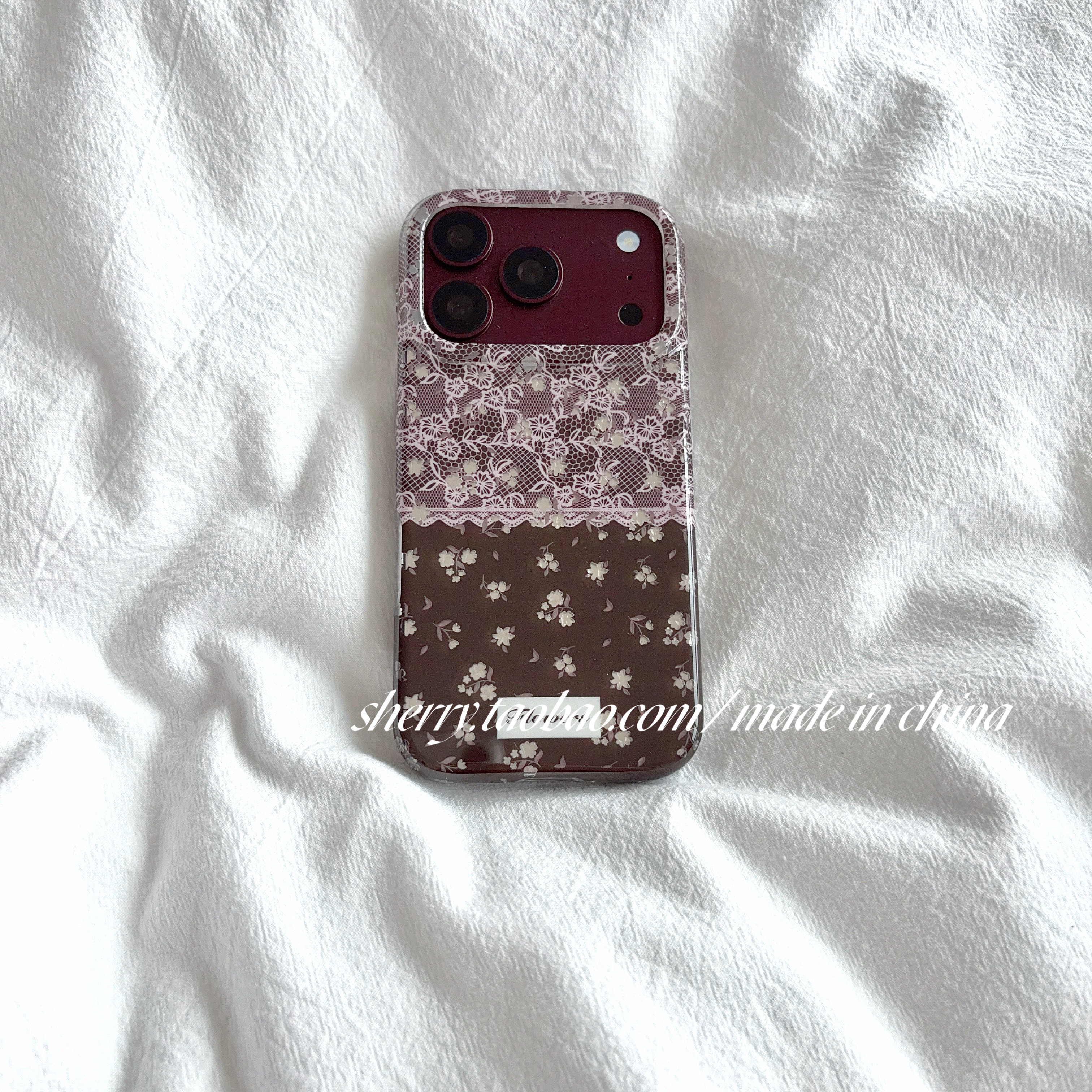 SHERRY*ins风秋冬复古蕾丝拼接棕色小碎花适用于苹果18ProMax手机壳iPhone17Pro小众少女心16简约清新15温柔