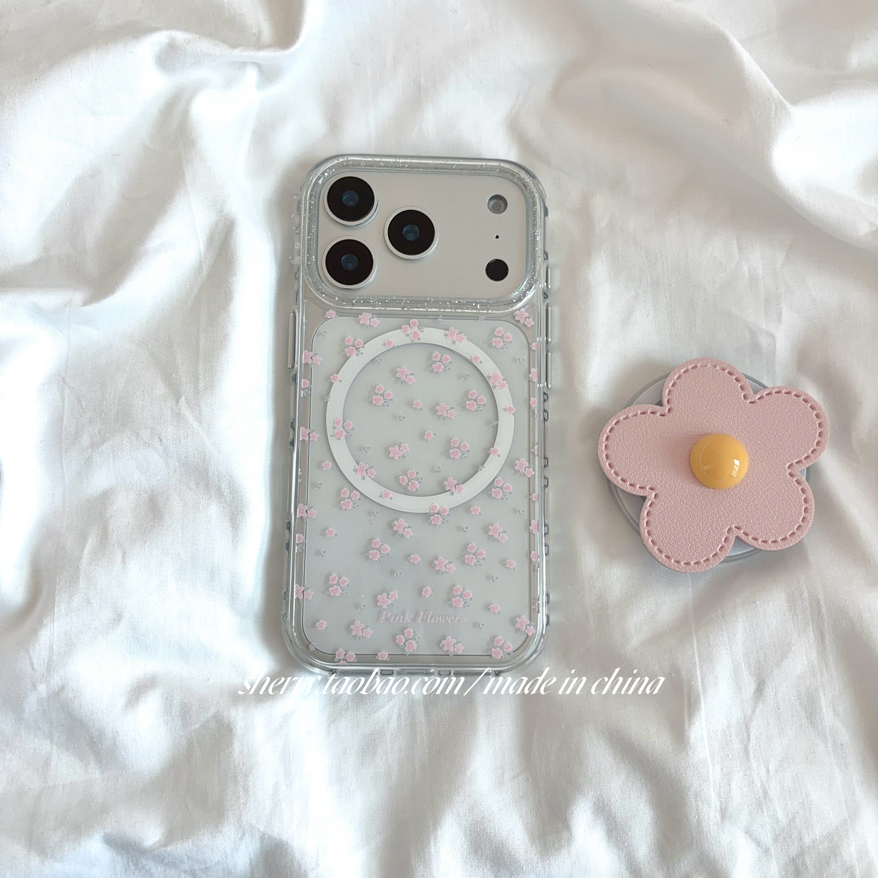 SHERRY*ins风春夏透明粉色碎花磁吸适用于苹果17ProM