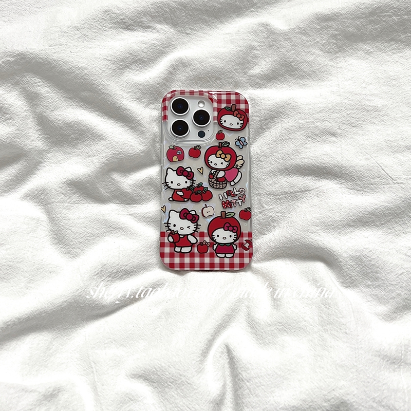 SHERRY*ins风红格子透明镭射爱心kt猫可爱适用于苹果16ProMax手机壳iPhone15Pro小众少女心14简约13清新卡通