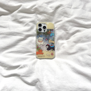 ins风可爱尖帽小狗猫咪夏日插画适用于苹果16ProMax手机壳iPhone15Pro小众少女心14简约13小清新卡通 SHERRY