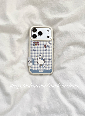 SHERRY*ins风蓝色格子kt猫仿皮适用于苹果17ProMax手机壳iPhone16Pro小众少女心15简约14小清新卡通可爱软萌