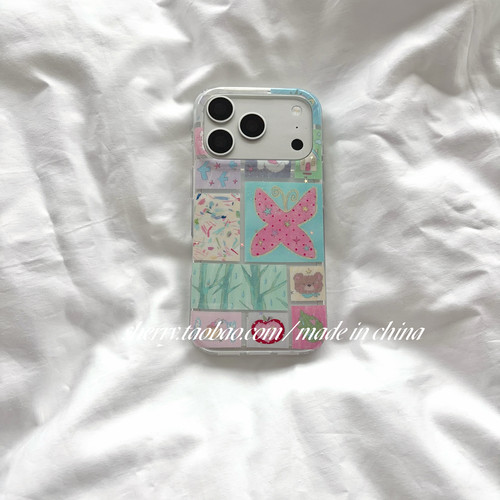 SHERRY*ins风彩色涂鸦竹子蝴蝶小熊适用于苹果17ProMax手机壳iPhone16Pro小众少女心15简约14小清新卡通可爱