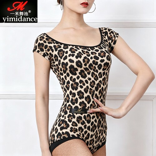 YIMIDANCE新款摩登舞蹈服女豹纹印花拉丁舞服短袖连体服上衣