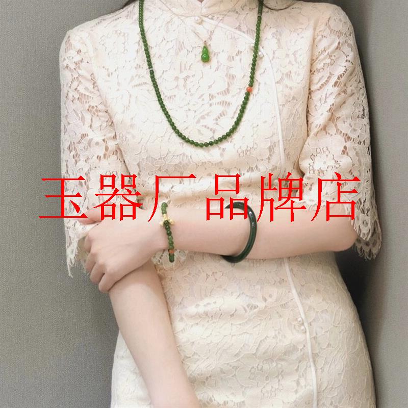 俄罗斯碧玉圆珠长款毛衣链和田玉原创国风满绿菠菜绿色新中式项链