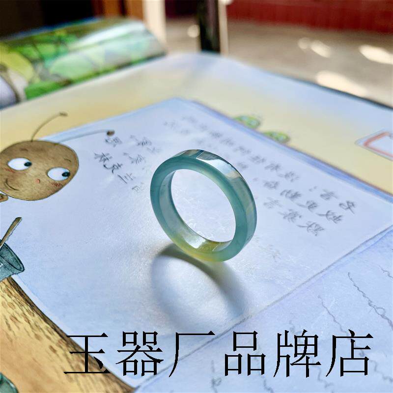 高端翡翠蓝水戒圈冰种方戒情侣指环男女同款素圈飘花绿色戒指送礼