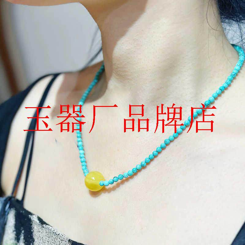 绿松石小米珠搭老蜜蜡圆珠项链小众设计感女款锁骨项链时尚颈饰品
