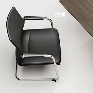 现代简约黑色皮质会议椅不锈钢框架固定扶手办公椅会客椅