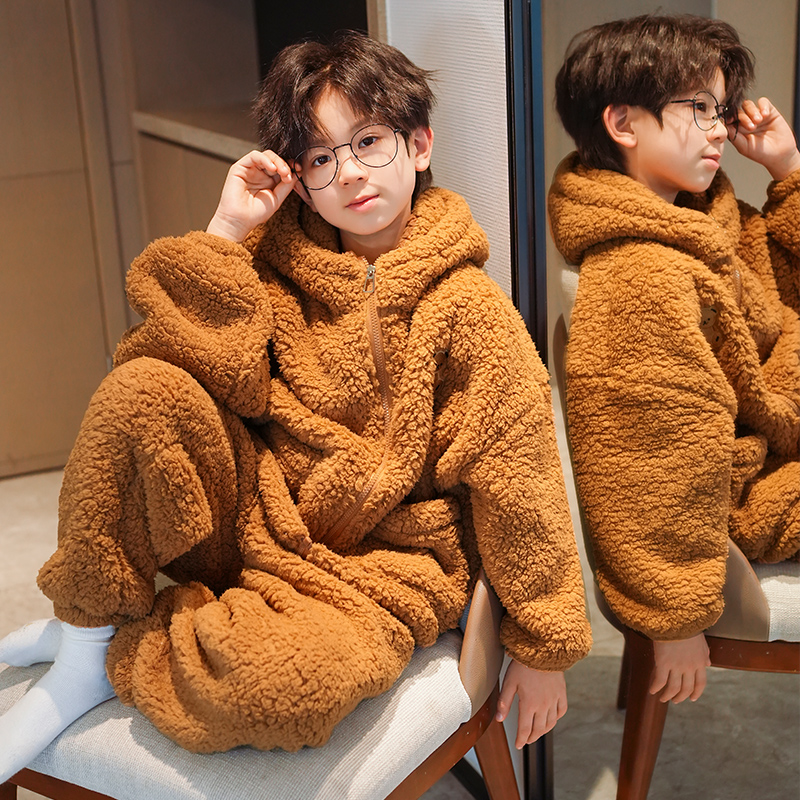 儿童装男童睡衣秋冬款家居服男孩加绒加厚冬季珊瑚绒中大童法兰绒