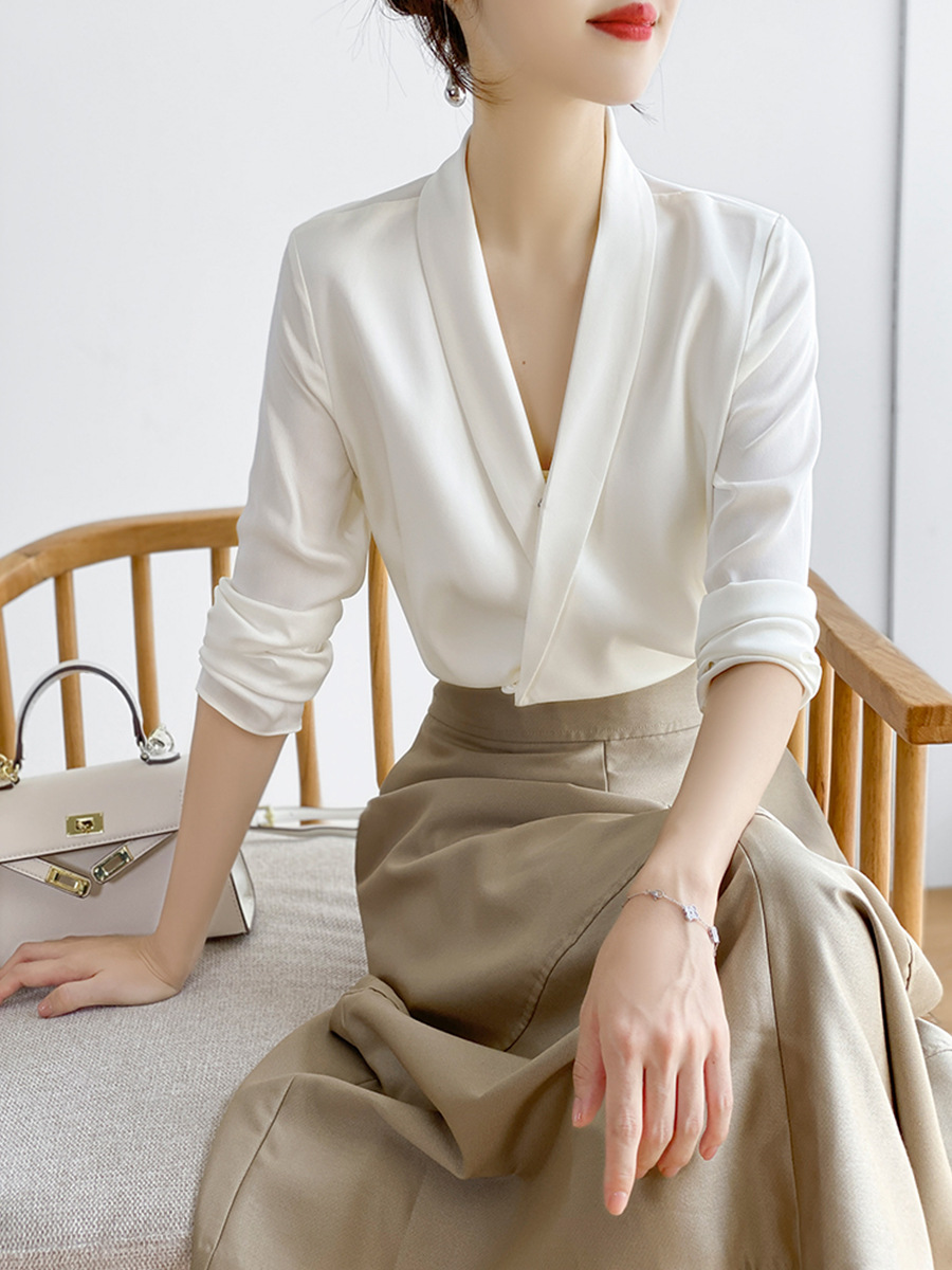 职业V领青果领气质白色衬衫女