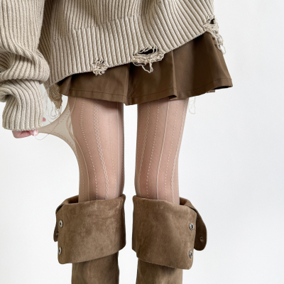 秋冬黑丝袜女加绒性感蕾丝竖纹假透肉连裤袜黑色渔网打底袜子裸色